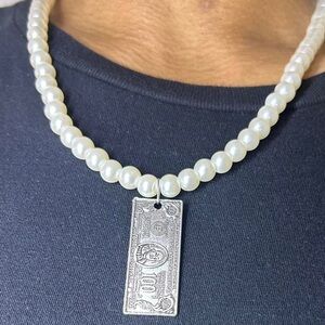 Y2K Gothic Silver 100 Dollar Bill on a White pearl necklace , Punk emo grunge